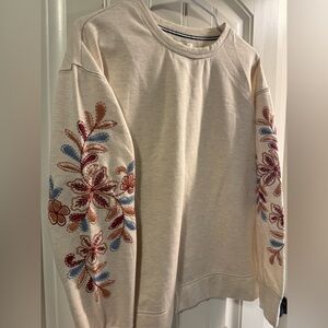 Wonderly Beige Sweater with Colorful Floral Sleeves